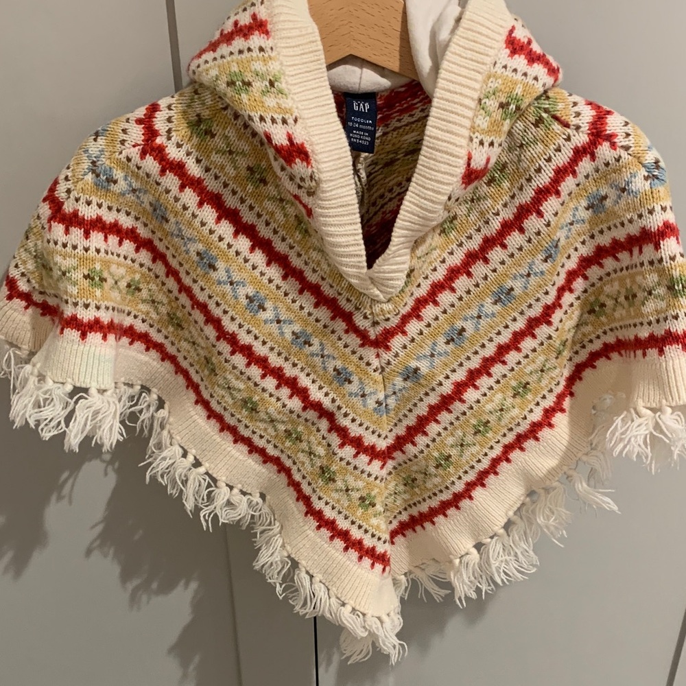Rare 90’s GAP Kids Festive Knit Cotton and Wool Hooded Poncho - Red and Cream